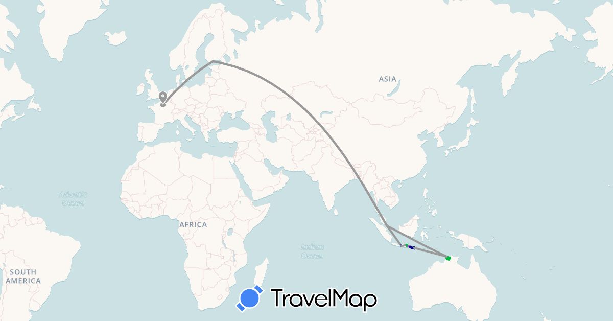 TravelMap itinerary: driving, bus, plane, train, boat in Australia, Finland, France, Indonesia, Singapore (Asia, Europe, Oceania)
